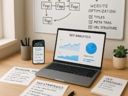 Moderner Blogger-Arbeitsplatz mit Laptop, Smartphone und Whiteboard mit SEO-Diagrammen und Checklists, beleuchtet durch natürliches Licht.