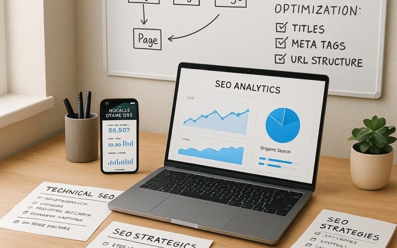 Moderner Blogger-Arbeitsplatz mit Laptop, Smartphone und Whiteboard mit SEO-Diagrammen und Checklists, beleuchtet durch natürliches Licht.