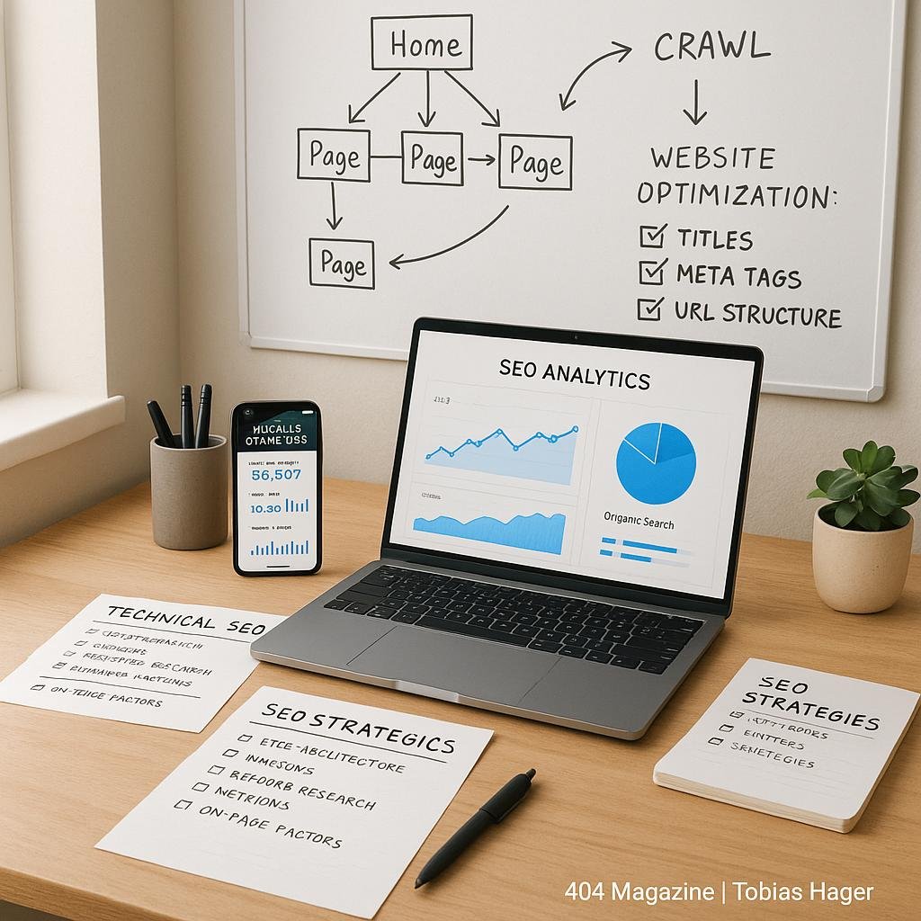 Moderner Blogger-Arbeitsplatz mit Laptop, Smartphone und Whiteboard mit SEO-Diagrammen und Checklists, beleuchtet durch natürliches Licht.