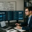 IT-Spezialist sitzt an einem modernen Arbeitsplatz mit mehreren Monitoren, die SEO-Analysen, Website-Code und Leistungsdiagramme anzeigen, umgeben von Whiteboard-Diagrammen und Büchern