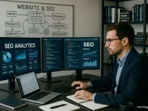 IT-Spezialist sitzt an einem modernen Arbeitsplatz mit mehreren Monitoren, die SEO-Analysen, Website-Code und Leistungsdiagramme anzeigen, umgeben von Whiteboard-Diagrammen und Büchern