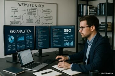 IT-Spezialist sitzt an einem modernen Arbeitsplatz mit mehreren Monitoren, die SEO-Analysen, Website-Code und Leistungsdiagramme anzeigen, umgeben von Whiteboard-Diagrammen und Büchern