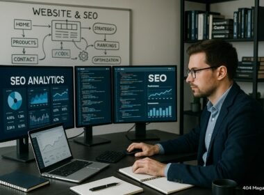 IT-Spezialist sitzt an einem modernen Arbeitsplatz mit mehreren Monitoren, die SEO-Analysen, Website-Code und Leistungsdiagramme anzeigen, umgeben von Whiteboard-Diagrammen und Büchern