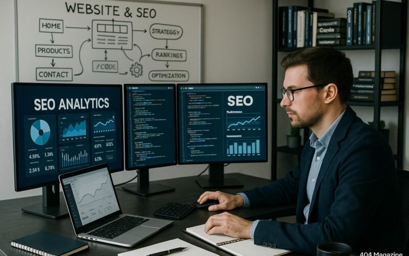 IT-Spezialist sitzt an einem modernen Arbeitsplatz mit mehreren Monitoren, die SEO-Analysen, Website-Code und Leistungsdiagramme anzeigen, umgeben von Whiteboard-Diagrammen und Büchern