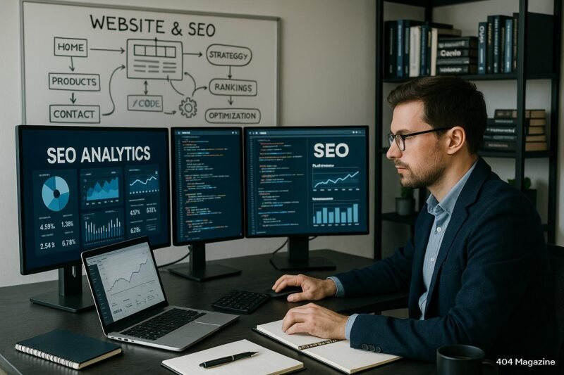 IT-Spezialist sitzt an einem modernen Arbeitsplatz mit mehreren Monitoren, die SEO-Analysen, Website-Code und Leistungsdiagramme anzeigen, umgeben von Whiteboard-Diagrammen und Büchern
