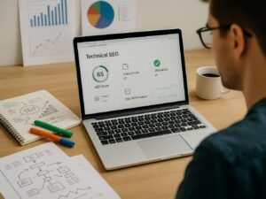 Person überprüft fokussiert eine Webseite mit technischen SEO-Analysen auf einem Laptop in einem modernen Büro mit Notizen, Skizzen, Diagrammen und einer Tasse Kaffee.