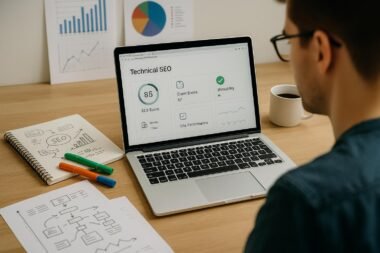 Person überprüft fokussiert eine Webseite mit technischen SEO-Analysen auf einem Laptop in einem modernen Büro mit Notizen, Skizzen, Diagrammen und einer Tasse Kaffee.