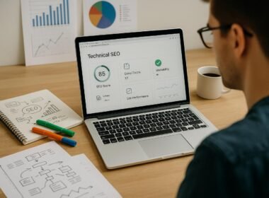 Person überprüft fokussiert eine Webseite mit technischen SEO-Analysen auf einem Laptop in einem modernen Büro mit Notizen, Skizzen, Diagrammen und einer Tasse Kaffee.