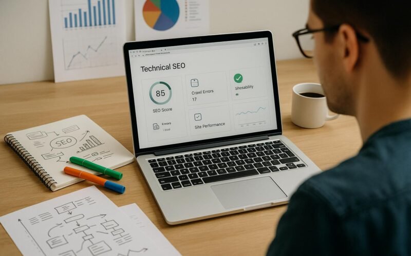 Person überprüft fokussiert eine Webseite mit technischen SEO-Analysen auf einem Laptop in einem modernen Büro mit Notizen, Skizzen, Diagrammen und einer Tasse Kaffee.