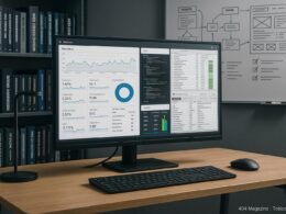 Modernes, technisch inspiriertes Büro mit großem Bildschirm, Bücherregalen und Whiteboard, das Website-Analysen, Code und SEO-Tools zeigt