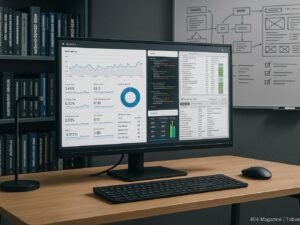 Modernes, technisch inspiriertes Büro mit großem Bildschirm, Bücherregalen und Whiteboard, das Website-Analysen, Code und SEO-Tools zeigt