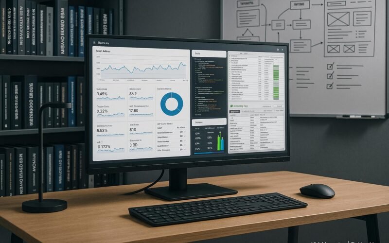 Modernes, technisch inspiriertes Büro mit großem Bildschirm, Bücherregalen und Whiteboard, das Website-Analysen, Code und SEO-Tools zeigt