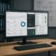 Modernes, technisch inspiriertes Büro mit großem Bildschirm, Bücherregalen und Whiteboard, das Website-Analysen, Code und SEO-Tools zeigt