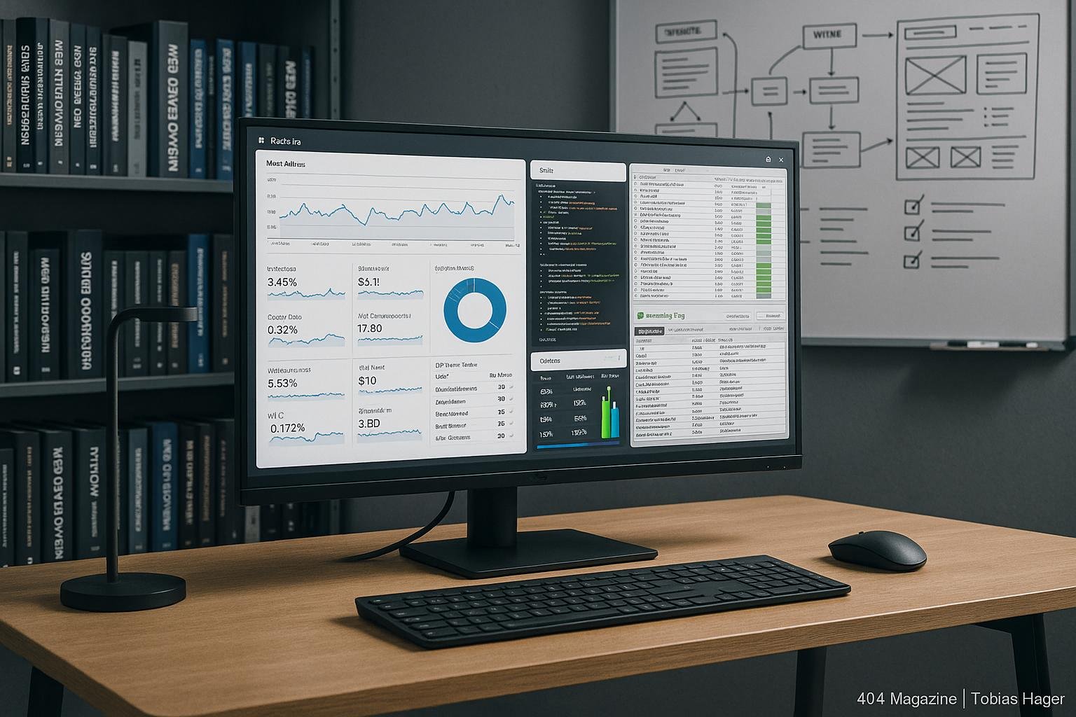 Modernes, technisch inspiriertes Büro mit großem Bildschirm, Bücherregalen und Whiteboard, das Website-Analysen, Code und SEO-Tools zeigt