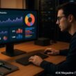 Moderner Arbeitsplatz mit Computerbildschirm, Serverregalen und einer Person, die Daten analysiert, umgeben von technischen Werkzeugen, hervorgehoben durch warme Beleuchtung.