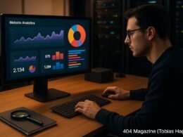 Moderner Arbeitsplatz mit Computerbildschirm, Serverregalen und einer Person, die Daten analysiert, umgeben von technischen Werkzeugen, hervorgehoben durch warme Beleuchtung.