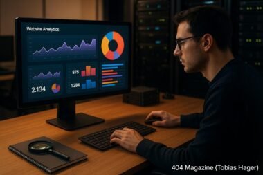 Moderner Arbeitsplatz mit Computerbildschirm, Serverregalen und einer Person, die Daten analysiert, umgeben von technischen Werkzeugen, hervorgehoben durch warme Beleuchtung.