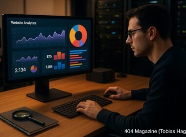 Moderner Arbeitsplatz mit Computerbildschirm, Serverregalen und einer Person, die Daten analysiert, umgeben von technischen Werkzeugen, hervorgehoben durch warme Beleuchtung.