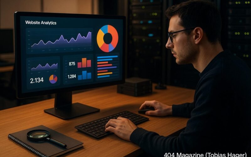 Moderner Arbeitsplatz mit Computerbildschirm, Serverregalen und einer Person, die Daten analysiert, umgeben von technischen Werkzeugen, hervorgehoben durch warme Beleuchtung.