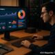 Moderner Arbeitsplatz mit Computerbildschirm, Serverregalen und einer Person, die Daten analysiert, umgeben von technischen Werkzeugen, hervorgehoben durch warme Beleuchtung.