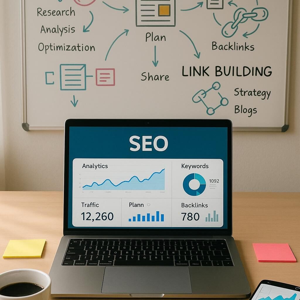 Moderner Arbeitsplatz mit Laptop, Notizen, Kaffee, Smartphone und Whiteboard mit SEO-Diagrammen, highlighting digitales Marketing und SEO-Strategien.