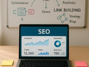 Moderner Arbeitsplatz mit Laptop, Notizen, Kaffee, Smartphone und Whiteboard mit SEO-Diagrammen, highlighting digitales Marketing und SEO-Strategien.