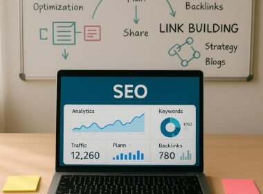 Moderner Arbeitsplatz mit Laptop, Notizen, Kaffee, Smartphone und Whiteboard mit SEO-Diagrammen, highlighting digitales Marketing und SEO-Strategien.