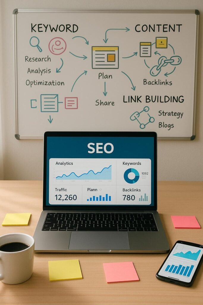 Moderner Arbeitsplatz mit Laptop, Notizen, Kaffee, Smartphone und Whiteboard mit SEO-Diagrammen, highlighting digitales Marketing und SEO-Strategien.