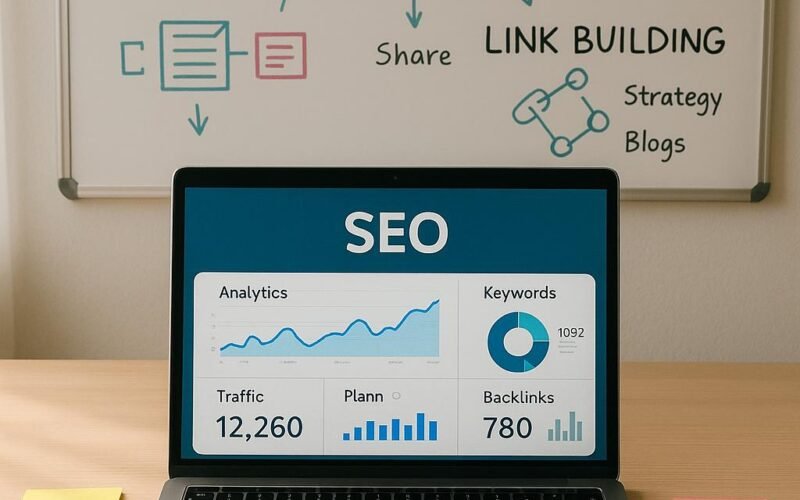 Moderner Arbeitsplatz mit Laptop, Notizen, Kaffee, Smartphone und Whiteboard mit SEO-Diagrammen, highlighting digitales Marketing und SEO-Strategien.