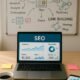 Moderner Arbeitsplatz mit Laptop, Notizen, Kaffee, Smartphone und Whiteboard mit SEO-Diagrammen, highlighting digitales Marketing und SEO-Strategien.