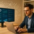 Business-Mann in modernem Büro vor großem Bildschirm mit SEO-Dashboards, Daten und Codes, umgeben von technischen Geräten und Infografiken