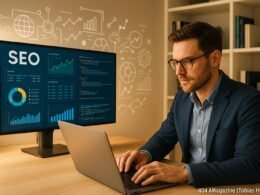 Business-Mann in modernem Büro vor großem Bildschirm mit SEO-Dashboards, Daten und Codes, umgeben von technischen Geräten und Infografiken