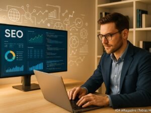 Business-Mann in modernem Büro vor großem Bildschirm mit SEO-Dashboards, Daten und Codes, umgeben von technischen Geräten und Infografiken