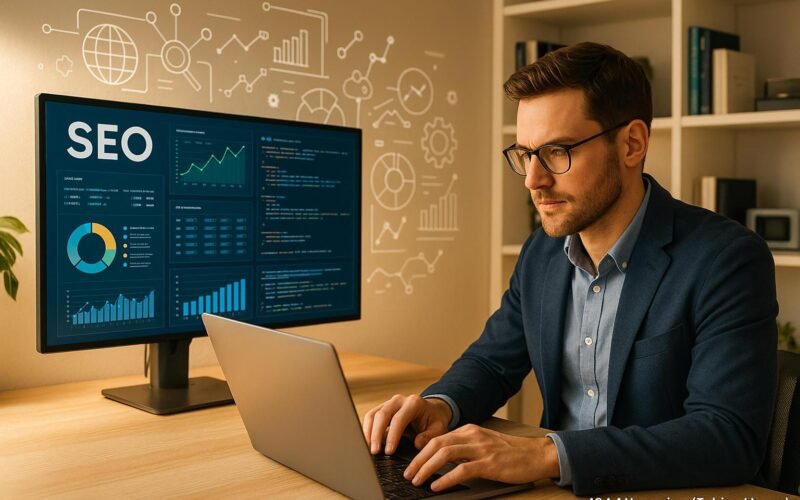 Business-Mann in modernem Büro vor großem Bildschirm mit SEO-Dashboards, Daten und Codes, umgeben von technischen Geräten und Infografiken