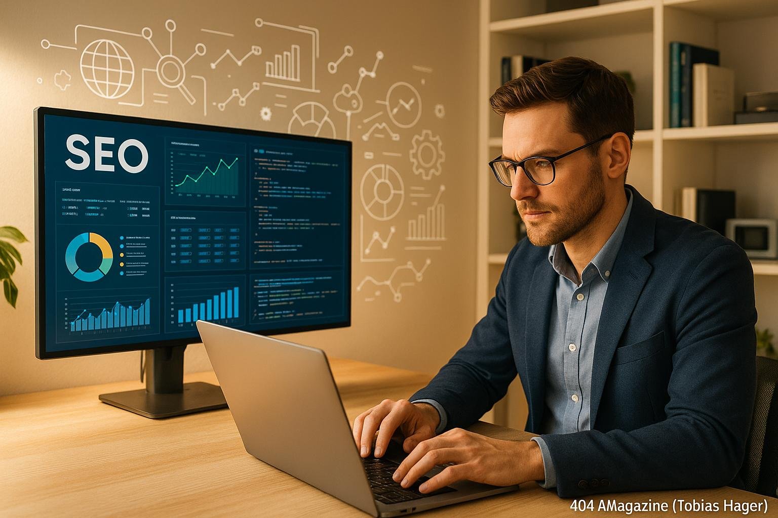Business-Mann in modernem Büro vor großem Bildschirm mit SEO-Dashboards, Daten und Codes, umgeben von technischen Geräten und Infografiken