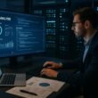 Modernes Büro mit großem Bildschirm, Serverracks und einer Person, die an SEO- und Codeanalysen arbeitet.