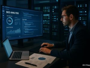 Modernes Büro mit großem Bildschirm, Serverracks und einer Person, die an SEO- und Codeanalysen arbeitet.