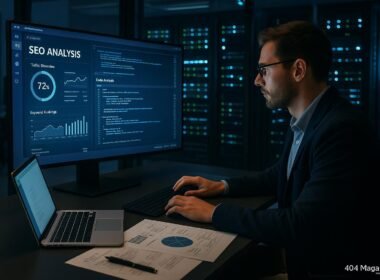 Modernes Büro mit großem Bildschirm, Serverracks und einer Person, die an SEO- und Codeanalysen arbeitet.