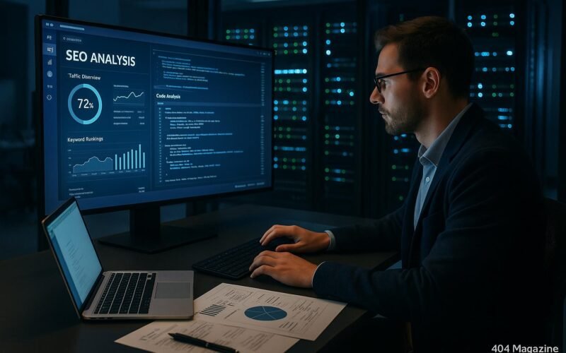 Modernes Büro mit großem Bildschirm, Serverracks und einer Person, die an SEO- und Codeanalysen arbeitet.