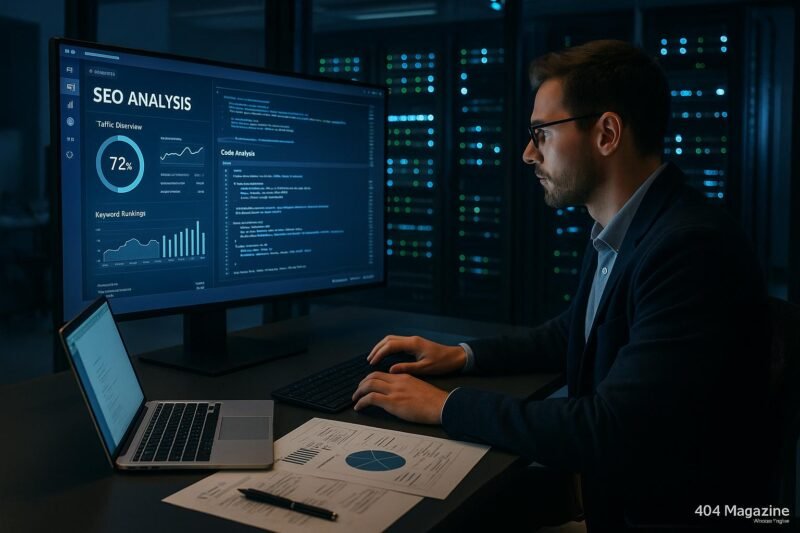 Modernes Büro mit großem Bildschirm, Serverracks und einer Person, die an SEO- und Codeanalysen arbeitet.