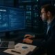 Modernes Büro mit großem Bildschirm, Serverracks und einer Person, die an SEO- und Codeanalysen arbeitet.