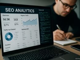 Nahaufnahme eines Laptops mit SEO-Dashboards, Charts, Grafiken und Code, im Hintergrund eine Person mit Brille beim Notieren, auf einem modernen Schreibtisch mit Smartphone und externen Festplatten.