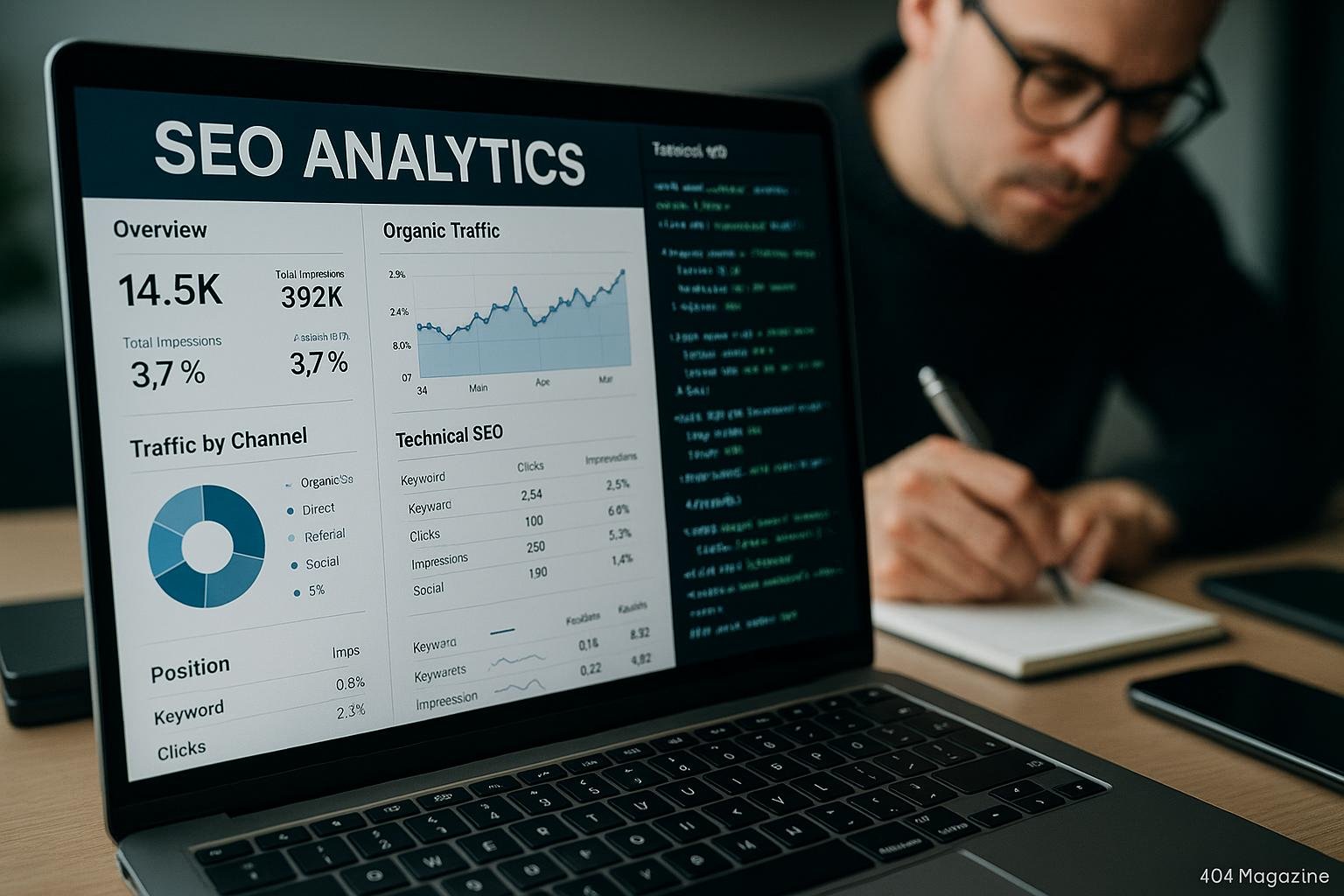 Nahaufnahme eines Laptops mit SEO-Dashboards, Charts, Grafiken und Code, im Hintergrund eine Person mit Brille beim Notieren, auf einem modernen Schreibtisch mit Smartphone und externen Festplatten.