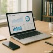 Moderner Arbeitsplatz für SEO-Experten mit Laptop, Notizblöcken, Smartphone und Kaffeetasse vor großen Fenstern, mit Regalen voller Fachbücher im Hintergrund.