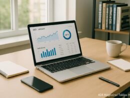 Moderner Arbeitsplatz für SEO-Experten mit Laptop, Notizblöcken, Smartphone und Kaffeetasse vor großen Fenstern, mit Regalen voller Fachbücher im Hintergrund.