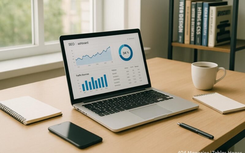 Moderner Arbeitsplatz für SEO-Experten mit Laptop, Notizblöcken, Smartphone und Kaffeetasse vor großen Fenstern, mit Regalen voller Fachbücher im Hintergrund.