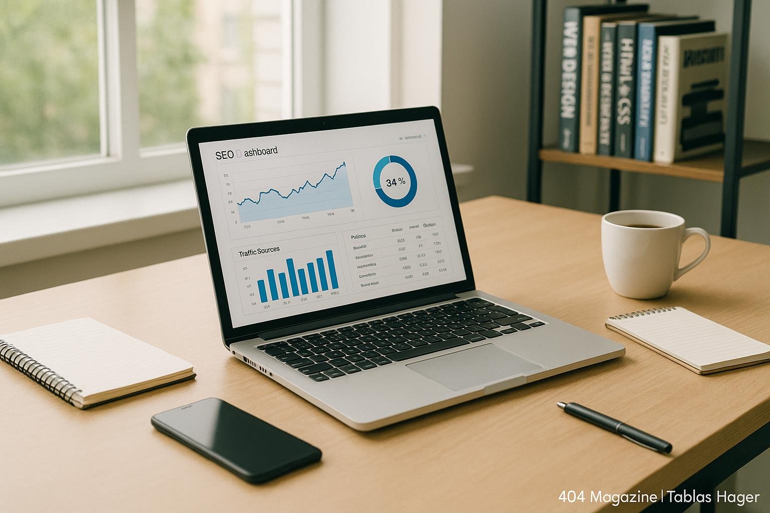 Moderner Arbeitsplatz für SEO-Experten mit Laptop, Notizblöcken, Smartphone und Kaffeetasse vor großen Fenstern, mit Regalen voller Fachbücher im Hintergrund.
