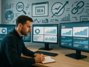 Modernes Büro mit Monitoren, auf denen SEO- und SEA-Dashboards zu sehen sind, digitaler Marketer im Vordergrund, im Hintergrund technische Symbole und Grafiken.