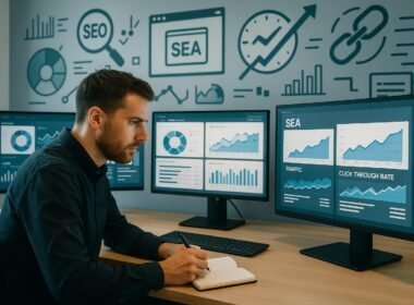 Modernes Büro mit Monitoren, auf denen SEO- und SEA-Dashboards zu sehen sind, digitaler Marketer im Vordergrund, im Hintergrund technische Symbole und Grafiken.