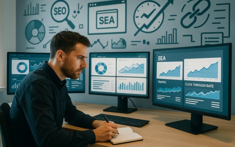 Modernes Büro mit Monitoren, auf denen SEO- und SEA-Dashboards zu sehen sind, digitaler Marketer im Vordergrund, im Hintergrund technische Symbole und Grafiken.